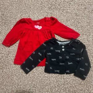 Bundle of 2 Carter's Baby Girl Long Sleeve Tops Red Be Mine Black 6 Months